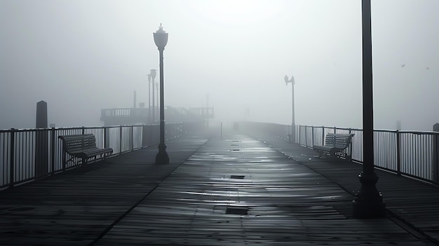 A wooden dock juts out into the misty distance The wooden planks are wet from the rain and the railings are lined with empty benches