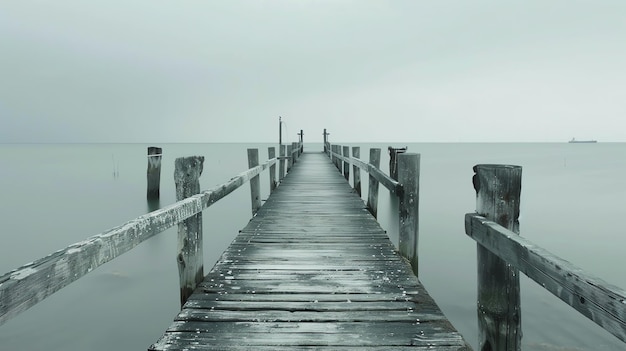 A wooden dock juts out into a still gray lake The water is calm and there is a slight fog in the air