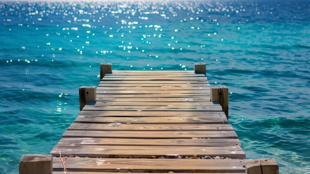 Wooden dock jutting out into a shimmering bay with a wooden platform background