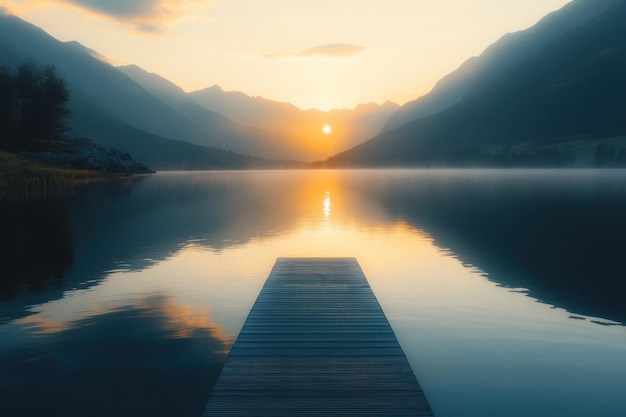 Photo wooden dock leading to still water at sunrise in mountains