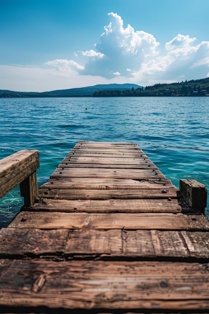 Photo wooden dock leading to tranquil lake with blue sky and fluffy clouds