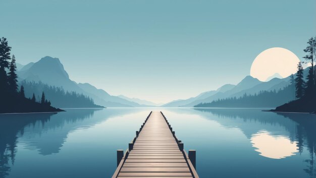 Photo a wooden dock leads out to a still lake in front of a mountain range