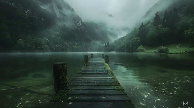 Photo a wooden dock in the middle of a lake with a dock in the middle