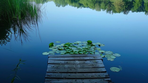 A wooden dock sits in a pond with lily pads floating on the water