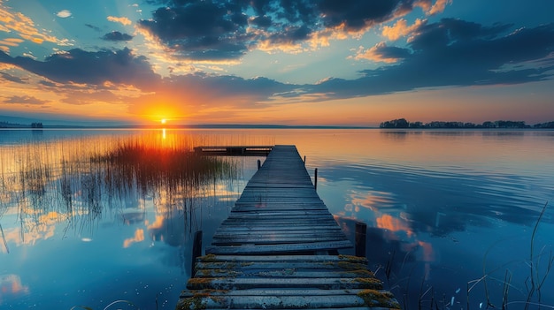 Photo wooden dock sunset reflection on calm lake water