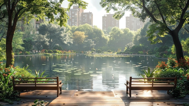 Photo a wooden dock with benches and a lake in the background