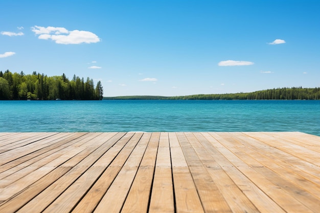 Photo wooden dock with a blue lake in the background