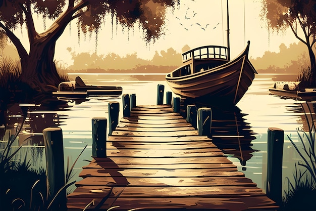 A wooden dock with a boat on it and the seagulls flying in the background.