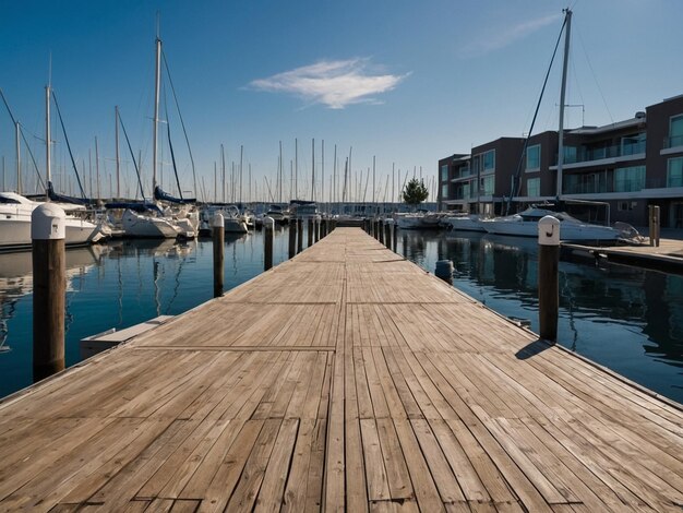 Photo a wooden dock with a boat in the water and a building in the background