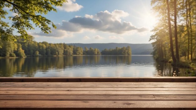 Photo wooden dock with a lake and the sun shining through the trees