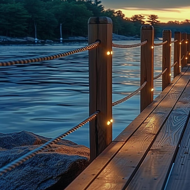 Photo a wooden dock with rope and lights on it