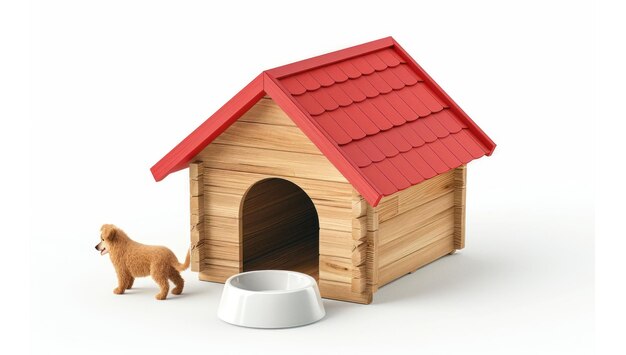 Photo wooden dog house with a small dog and a bowl