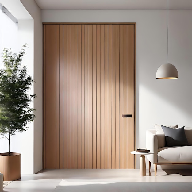 Photo wooden door element in a modern white room decoration scheme