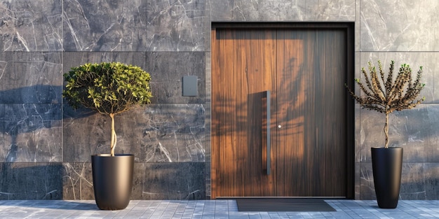 Wooden Door and Planters on Stone Wall