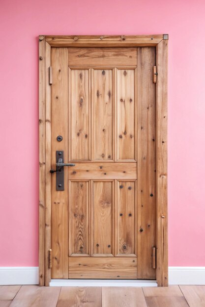 Photo a wooden door with a black handle and a pink wall