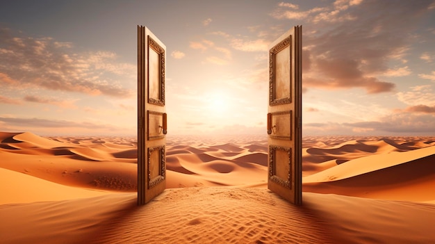 A wooden door with a desert landscape Generative Ai