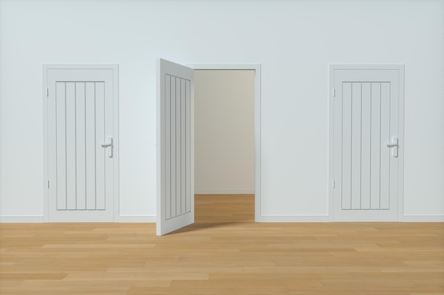 Photo wooden door with white wall background 3d rendering computer digital drawing