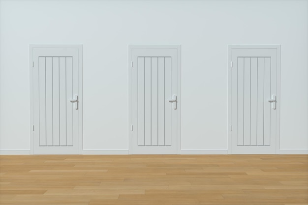 Photo wooden door with white wall background 3d rendering