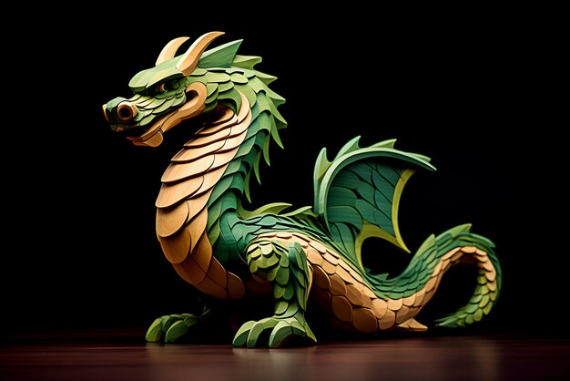 Wooden dragon sculpture carved from wood material stands on table on black background close up side view