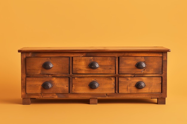 Wooden Drawer Cabinet With Six Drawers Against Orange Background