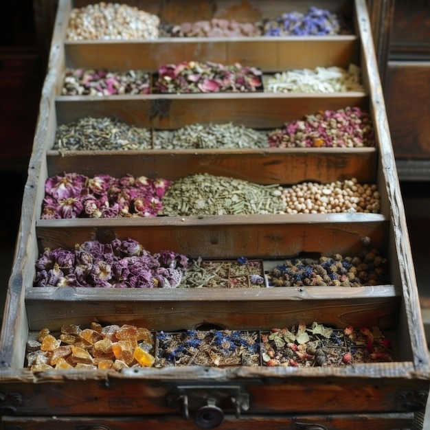 Photo a wooden drawer filled with various dried herbs and flowers showcasing an assortment of colors and textures perfect for culinary or medicinal use