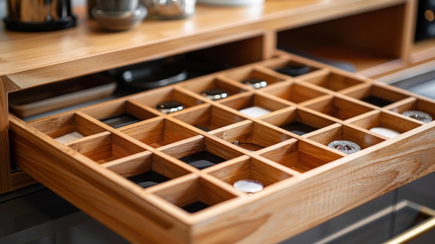 Wooden drawer neatly organized with square compartments showcasing an efficient storage solution in a modern kitchen