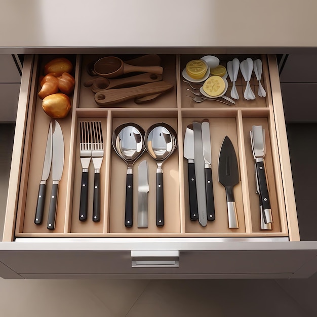 a wooden drawer with a variety of kitchen utensils and other kitchen utensils