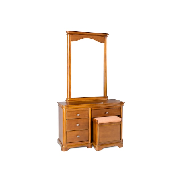 A wooden dresser with a mirror on the top and the bottom drawer on the bottom.