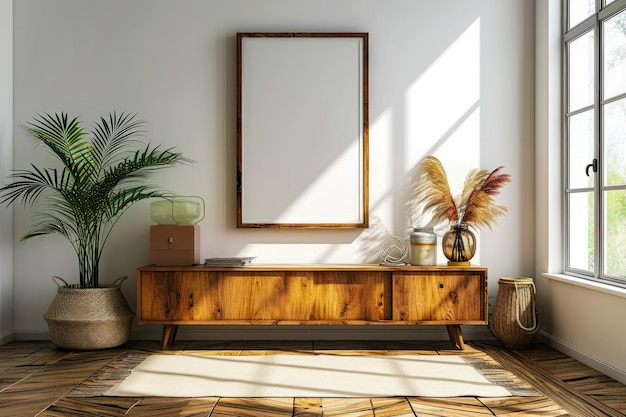 Wooden dresser with mirror on the wall above it and table with vase and two bottles on it