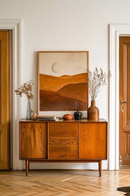 Wooden dresser with vase and some other decorative items on it