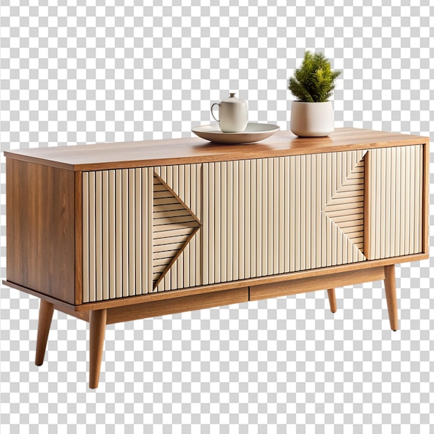 A wooden dresser with white drawers and a vase on top on transparent background