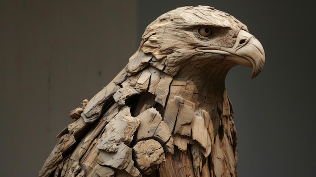 Photo a wooden eagle with a piece of wood on its head