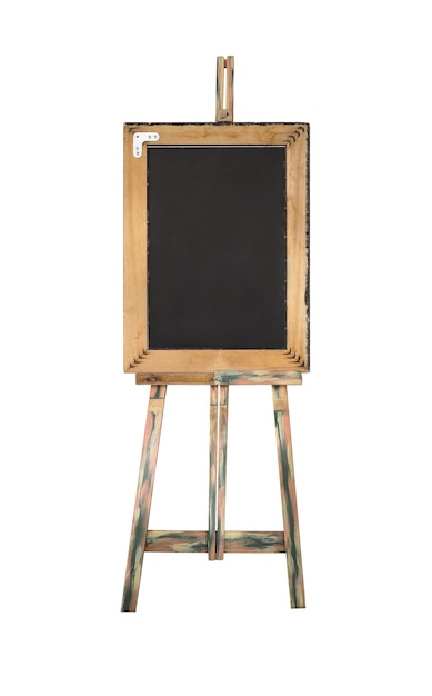 Wooden easel in retro style with black board isolated on white background