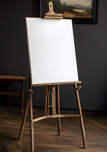 Photo wooden easel with blank canvas in studio setting