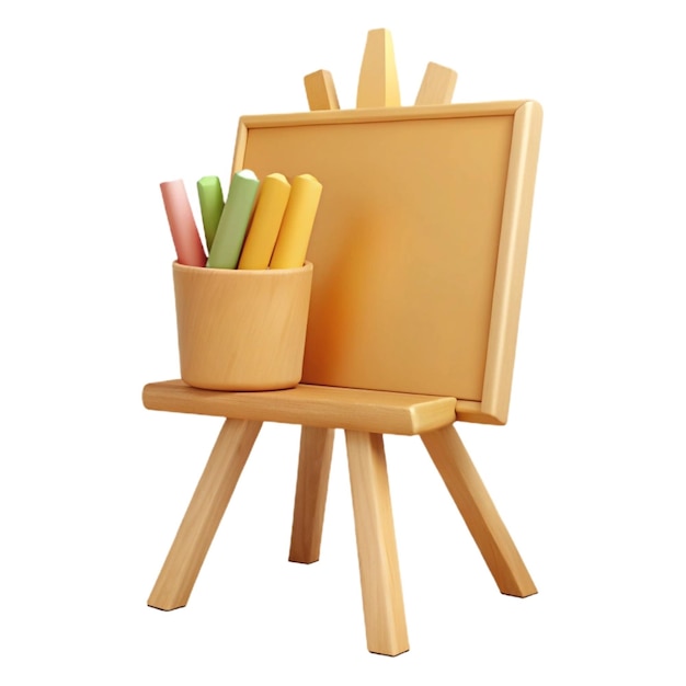 a wooden easel with pencils in a container and a pencil in it