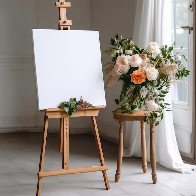 A wooden easel with a white canvas and flowers on it.