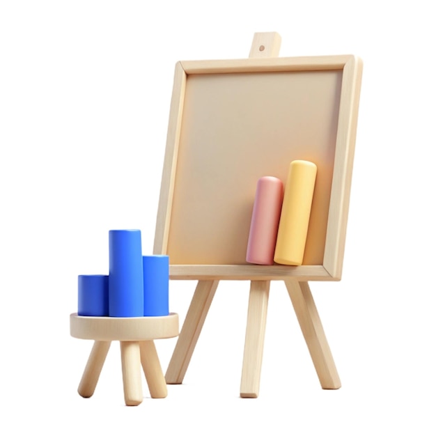 a wooden easel with a wooden frame and blue and red blocks on it