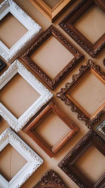 Wooden empty frames with stucco background