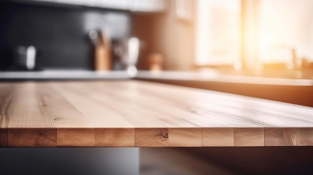 Wooden empty table in front of blurred modern light kitchen Generative AI Image