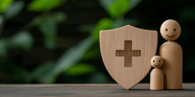 Photo wooden family model with shield icon representing health and safety