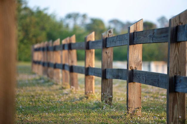 Wooden fence barrier at farm grounds for cattle and territory protection