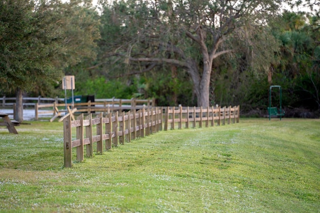 Wooden fence barrier at farm grounds for cattle and territory protection