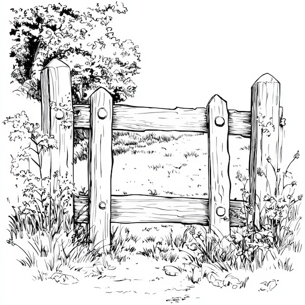 Wooden fence in the countryside Ink black and white drawing