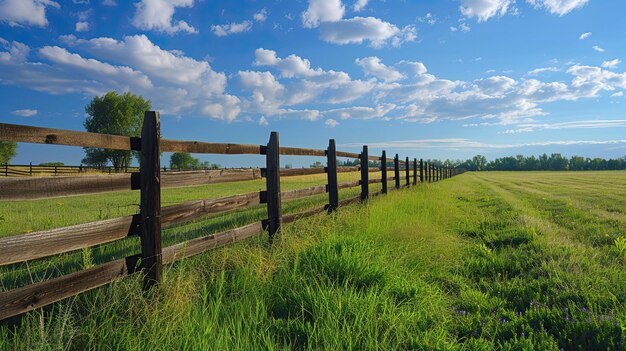 wooden fence and a field along with a blue sky idyllica rural scene with wooden fence and fields