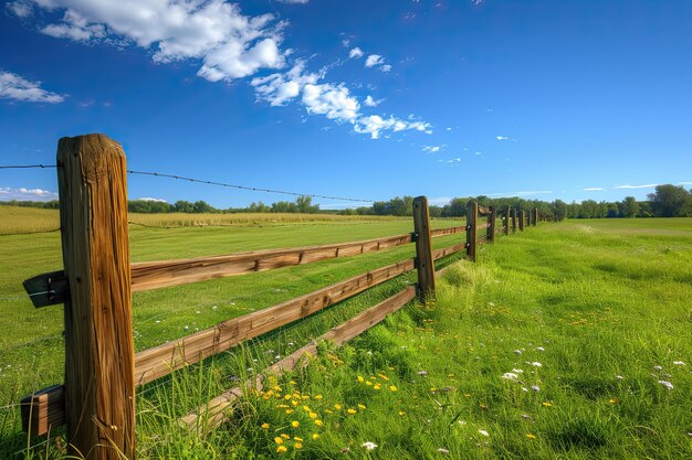 wooden fence and a field along with a blue sky idyllica rural scene with wooden fence and fields