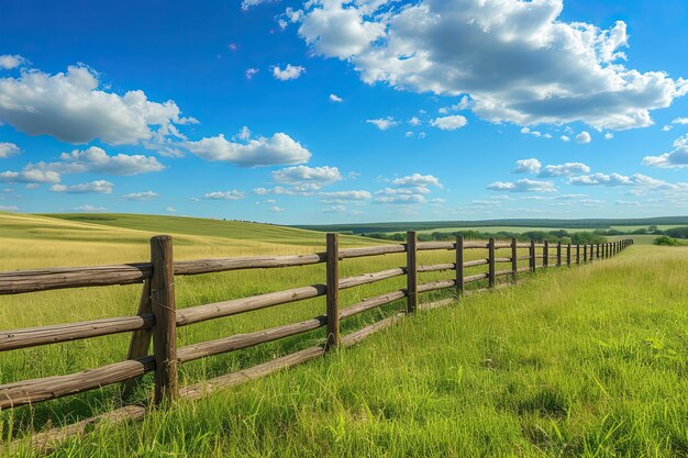 wooden fence and a field along with a blue sky idyllica rural scene with wooden fence and fields