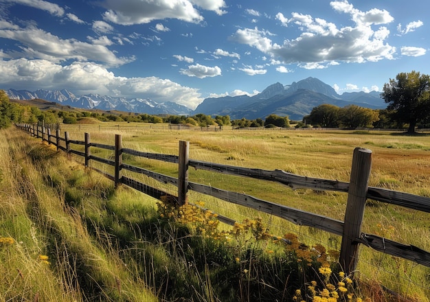 Wooden fence in front of a grass field and mountain landscape