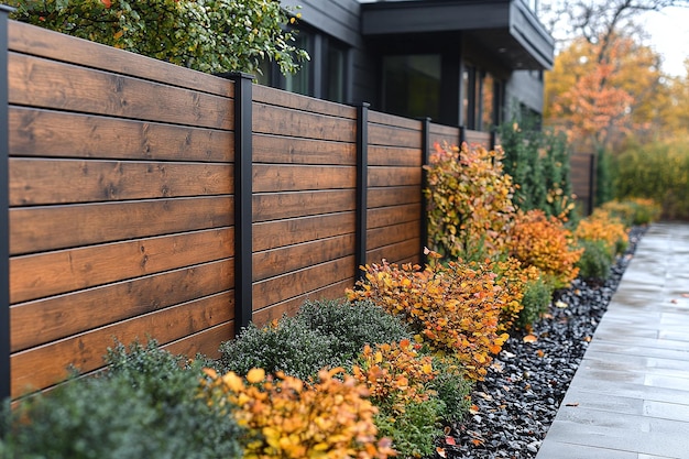 a wooden fence is in front of a house with a garden with a fence