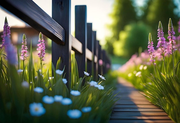 wooden fence near the house grass near the fence and flowers