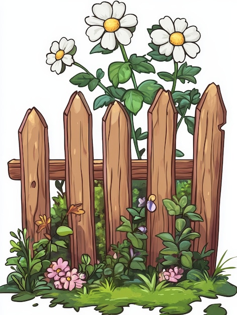 Photo wooden fence with blooming daisies and lush green foliage